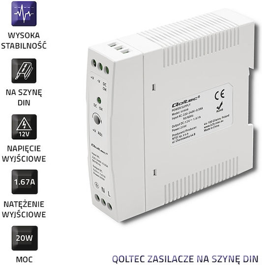 Qoltec Τροφοδοτικό Ράγας με Έξοδο 12V και Ισχύ 20W 1.67A