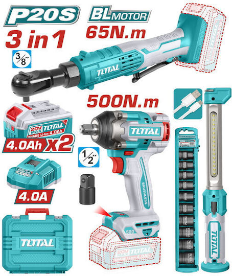 Total TOSLI250981E Σετ Καστάνια, Λάμπα Συνεργείου & Μπουλονόκλειδο Brushless 20V με 2 Μπαταρίες 4Ah και Θήκη