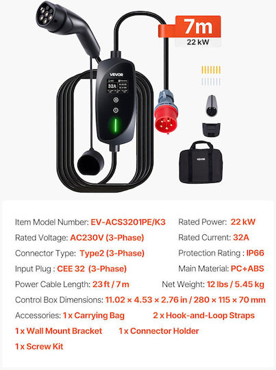Vevor Portable Three-Phase Charging Station 22kW with Built-in Cable Type 2 (OGBXCDQPM22KJTVAL001V2)