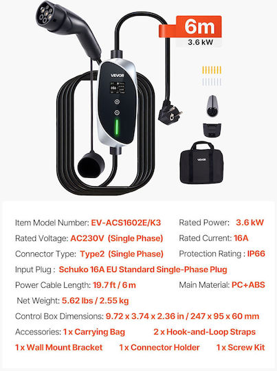 Vevor Portable Single Phase Charging Station 3.6kW with Built-in Type 2 Cable OGBXCDQPM36K4SFRT001V2