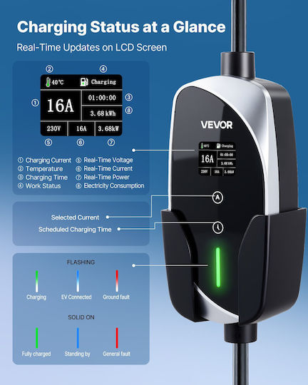 Vevor Portable Single Phase Charging Station 3.6kW with Built-in Type 2 Cable OGBXCDQPM36K4SFRT001V2