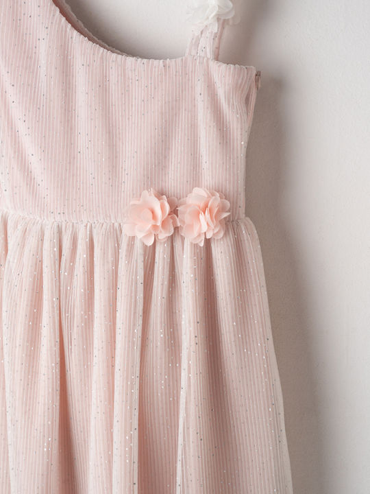 Evita Girls Sleeveless Tulle Floral Dress Soft Pink