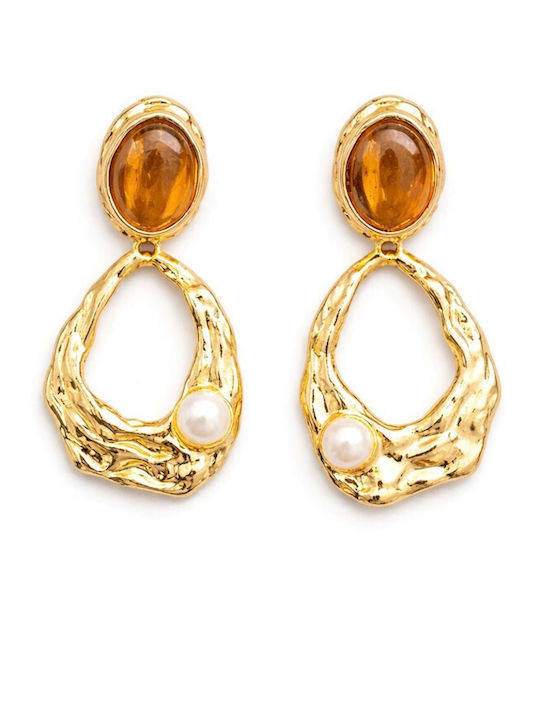 Eluna Dangle Earrings Made of Gold Plated Steel with Stones & Pearls