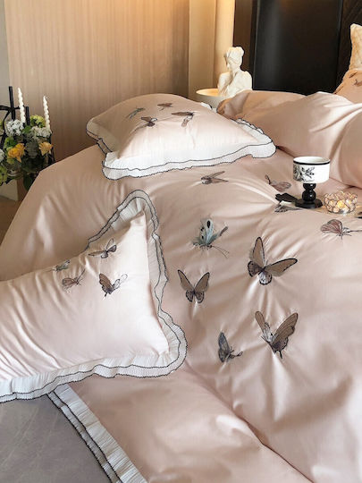 Set Huse Pentru Pilote 100% Bumbac Superdublu 220x240cm 2 Fețe De Pernă & 1 Cearceaf Roz