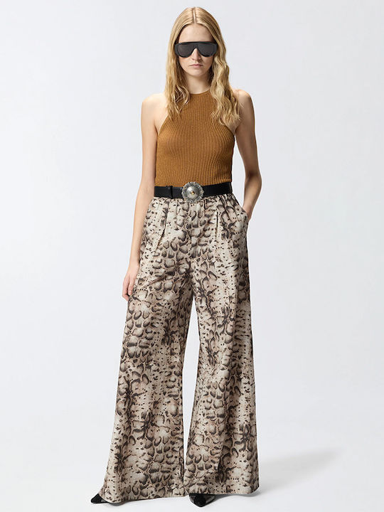 Women's High Rise Fabric Flared Trousers with Rubber Band Beige