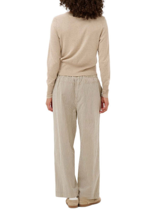 Kaffe Women's High Rise Pantaloons with Rubber Band Striped Beige
