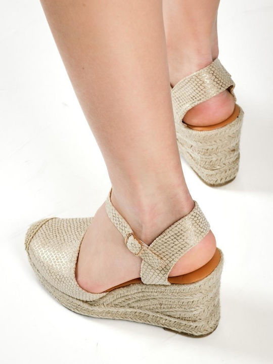 Damenplattformen Goldene Espadrilles Wildleder Metallisches Gewebe