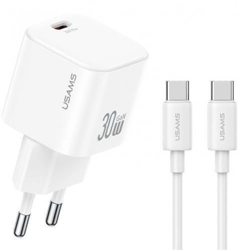 Usams Charger GaN with USB-C Port and Cable USB-C - USB-C 30W Power Delivery Whites (CC262)