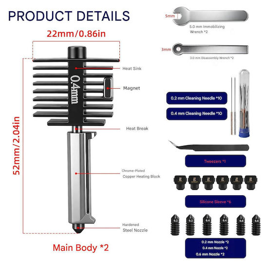 Kit Hotend Bambu Lab A1/A1 Mini Imprimante 3D – 2 Bucăți Cap De Imprimare 0.4 Mm Duze Oțel 0.2 0.4 0.6 Mm Mâneci Silicon Ace Curățare Pensetă