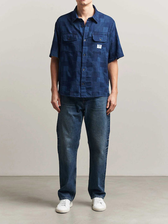 Short Sleeve Cotton Shirt in Oversized Checked Dark Blue Line