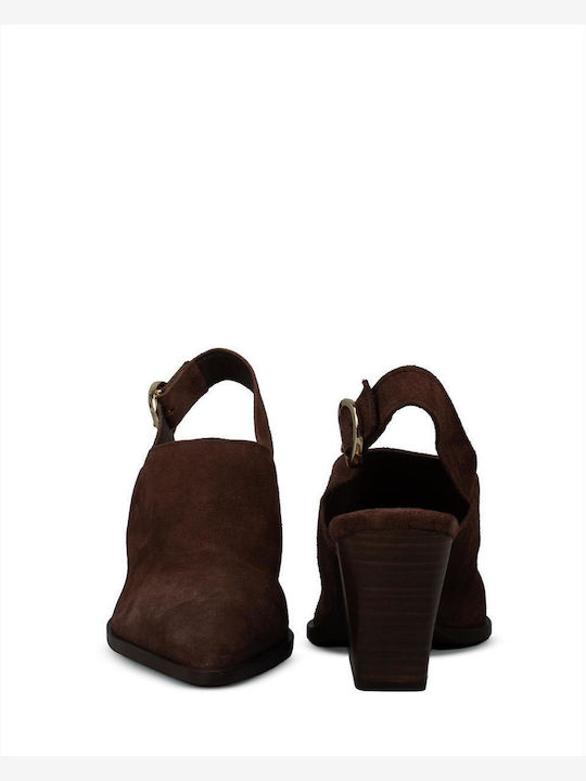 Leather Mules With High Heel In Brown Colour