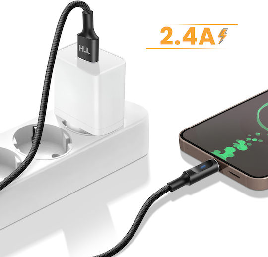 Avizar Usb-a To Usb-c Cable Led Stable 2.4a Charge Braided Nylon 1.5m Black