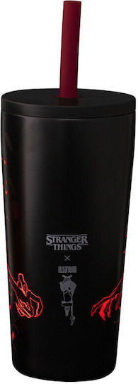 Bialetti Ποτήρι Θερμός Ανοξείδωτο 600ml Καλαμάκι Strainger Things Μαύρη Ανοξείδωτη με Καλαμάκι