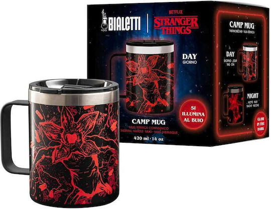Bialetti Ποτήρι Θερμός Ανοξείδωτο 420ml Λαβή Strainger Things Μαύρη Ανοξείδωτη με Λαβή