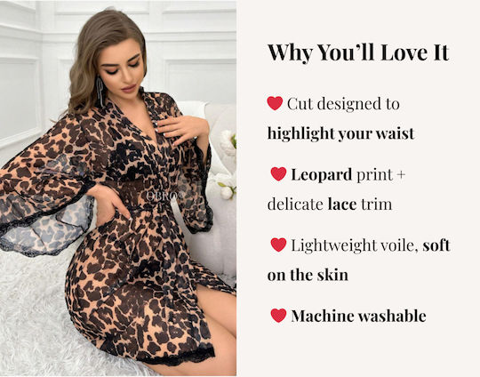Halat Leopard Sexy Pentru Femei Din Voal Semitransparent Negru Cu Dantelă Șnur Reglabil Obro