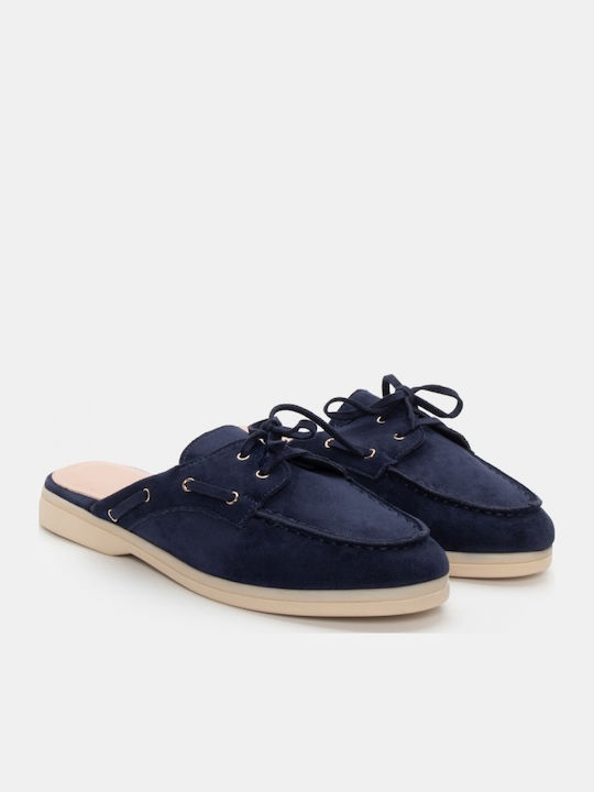 Flat Suede Mules σε Navy Μπλε Χρώμα