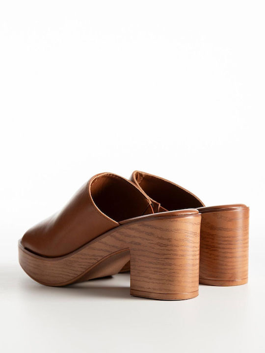 Pantofi Mules Dama Cu Toc Gros Înalt Maro K26-301-68368-KAMEL