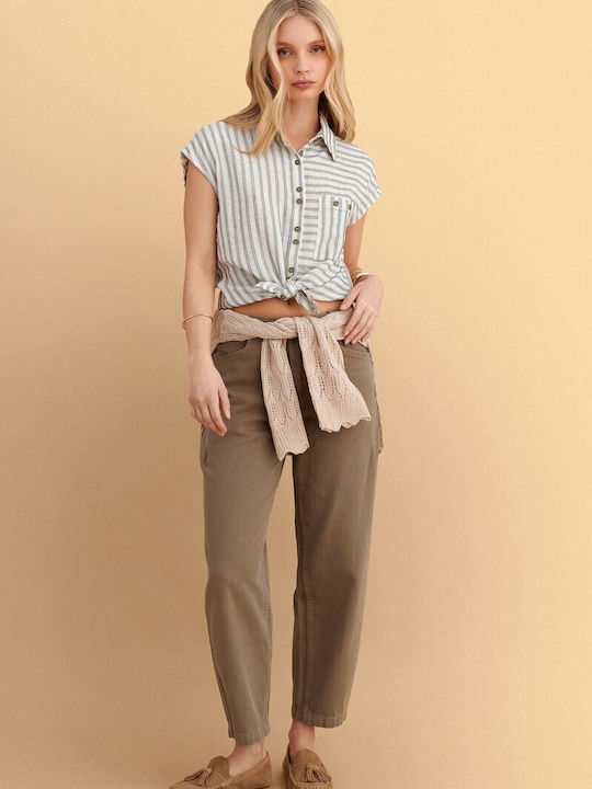 Kurzärmeliges Damenhemd Beige Gestreift