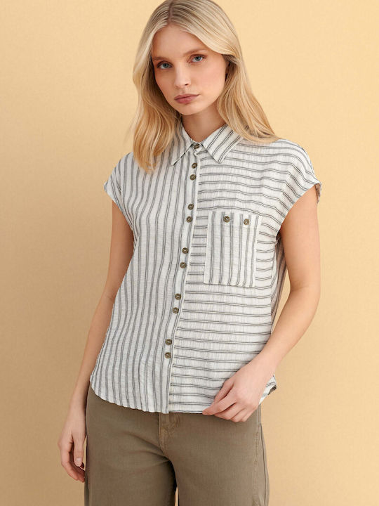 Kurzärmeliges Damenhemd Beige Gestreift