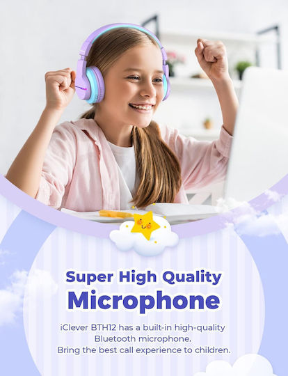 iClever BTH12 Căști Over Ear de Copii Wireless / cu Fir cu 85 de Ore Autonomie și Încărcare Rapidă Violet