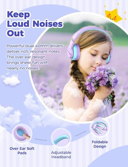 iClever BTH12 Căști Over Ear de Copii Wireless / cu Fir cu 85 de Ore Autonomie și Încărcare Rapidă Violet