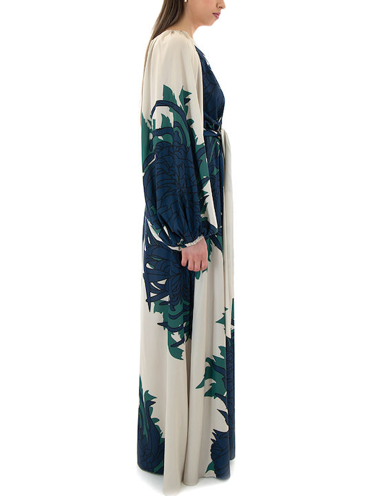 Summer Maxi Evening Satin Dress Ecru Blue Green