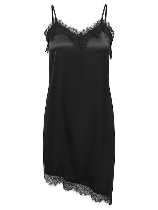 Summer Evening Satin Slip Dress with Lace Black
