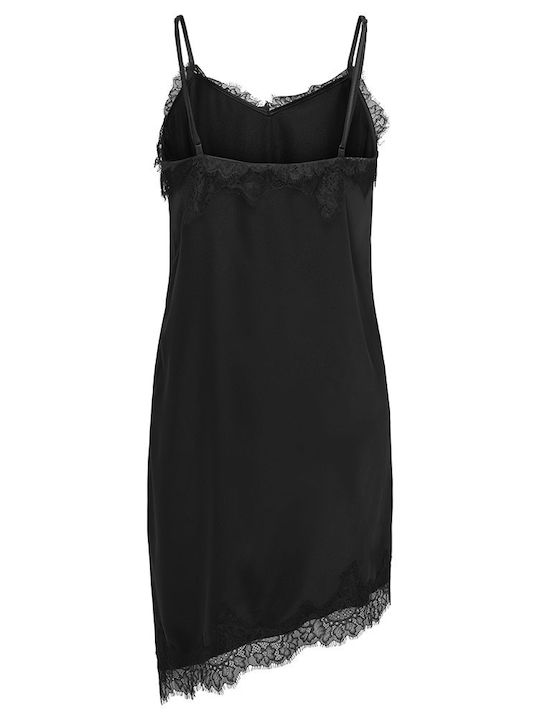 Summer Evening Satin Slip Dress with Lace Black