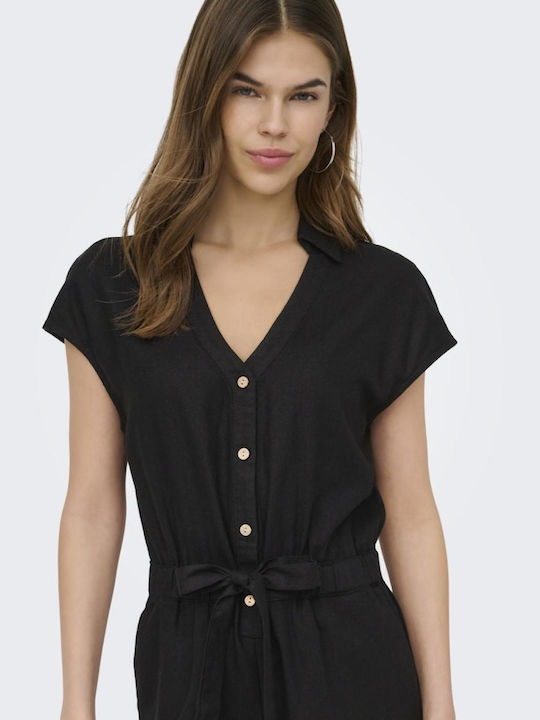 Damen Leinen Jumpsuit Schwarz