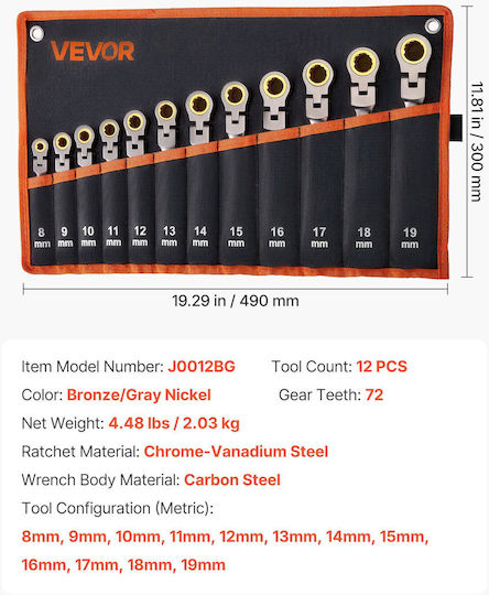 Vevor Set German Polygon Ratchet Ring 12 Pieces