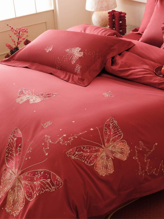 4 Seasons Collection Duvet Cover Set Double 220x240cm Embroidery 2 Pillowcases & 1 Bed Sheet Red