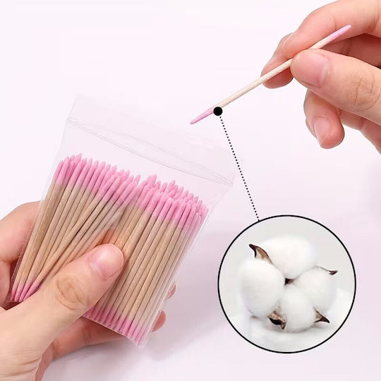 Сет 100 Розови Дървени Памучни Sticks Microbrushes Двустранни