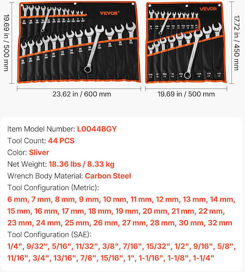 Vevor Set of 44 Combination Wrenches Sae & Metric 12-Point 15° End Hanging Case Zxbstzlmgds4f7eel001v0