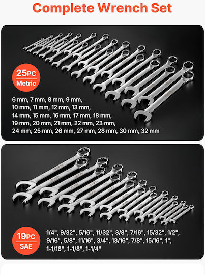 Vevor Set of 44 Combination Wrenches Sae & Metric 12-Point 15° End Hanging Case Zxbstzlmgds4f7eel001v0