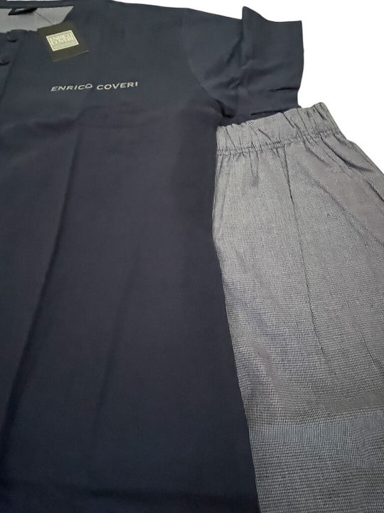 Enrico Coveri Sommer Herrenpyjama Kariert Blau