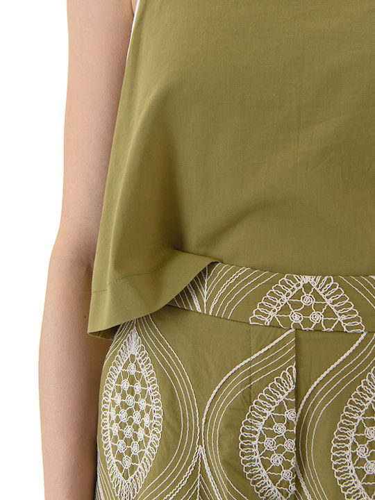 Women's Crop Top Cotton Sleeveless with Zipper Ecru-Green