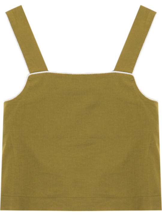 Women's Crop Top Cotton Sleeveless with Zipper Ecru-Green