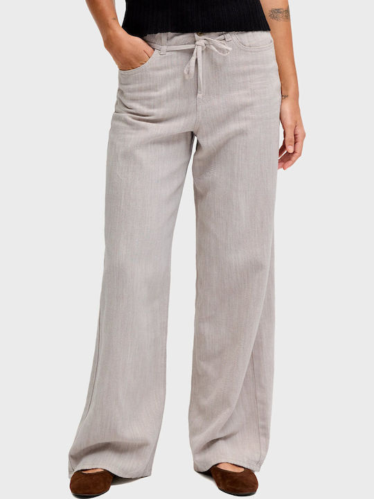 Zoe Women's High Rise Fabric Trousers in Wide Leg Style Light Grey