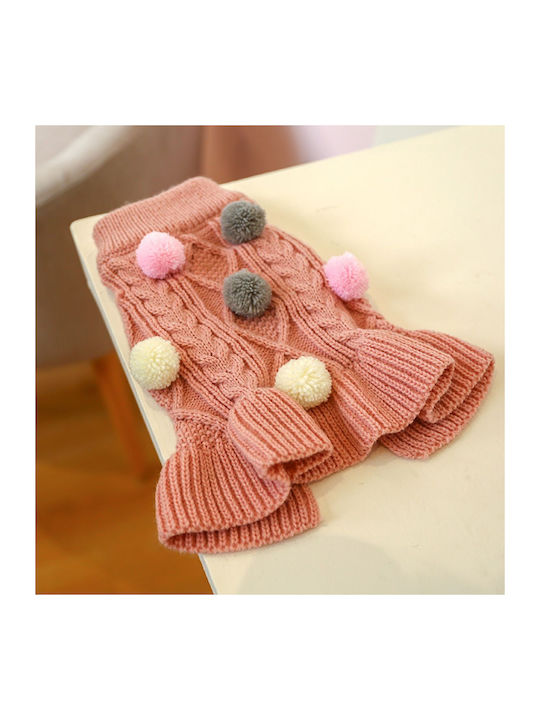 Dog Sweater Dress Pink Pom Pom Back Length 23 25 Cm
