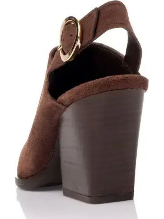 Leather Mules With High Heel In Brown Colour