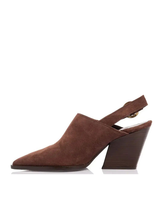 Leather Mules With High Heel In Brown Colour