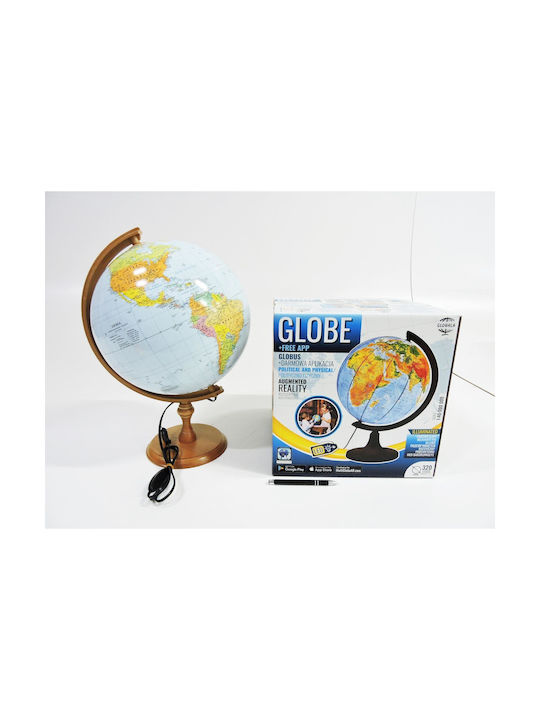 32 Cm Illuminated Globe Political Physical Map Wooden Stand Time Zone Polish Language