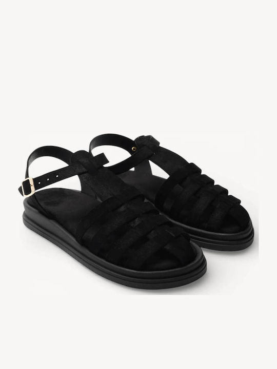 Черни Кожени Гладиатор Flatforms Сует Горна Част