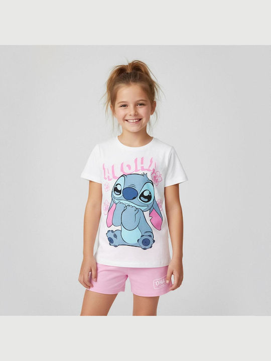 Детски Комплект със Шорти Летен 2 Части Розовобял Stitch