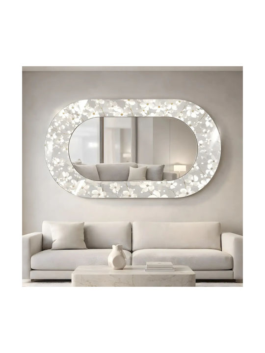 Oval Wandspiegel Mit Glas Rahmen Weiß Blumen (70x125cm)