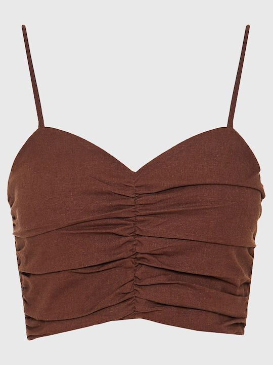Women's Summer Crop Linen Top with Straps & Zipper Brown