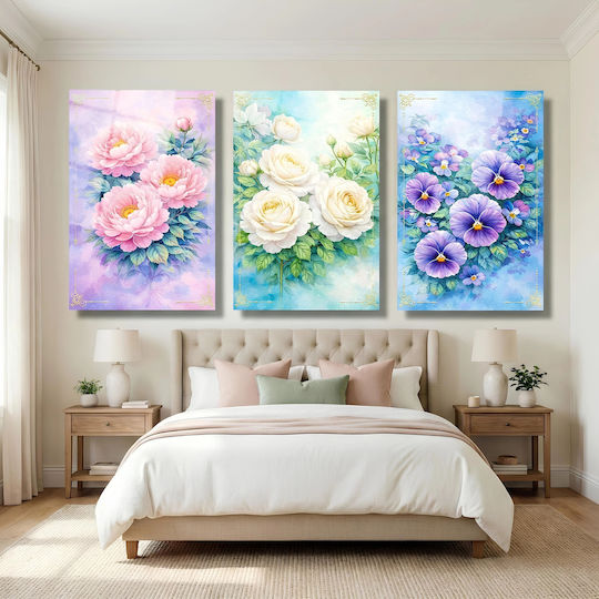 Triptych Set Glass Paintings with Multicolored Flowers (35x50cm)