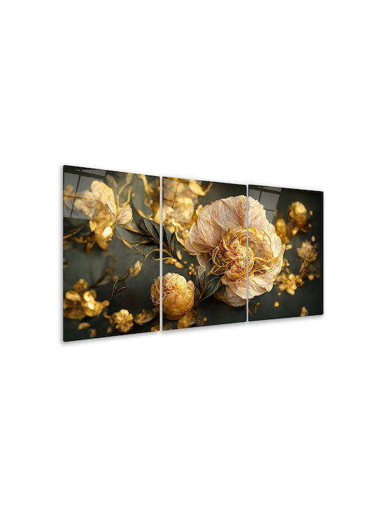 Threefold Glass Set with Flowers Anthracite and Gold Details (35x50cm)
