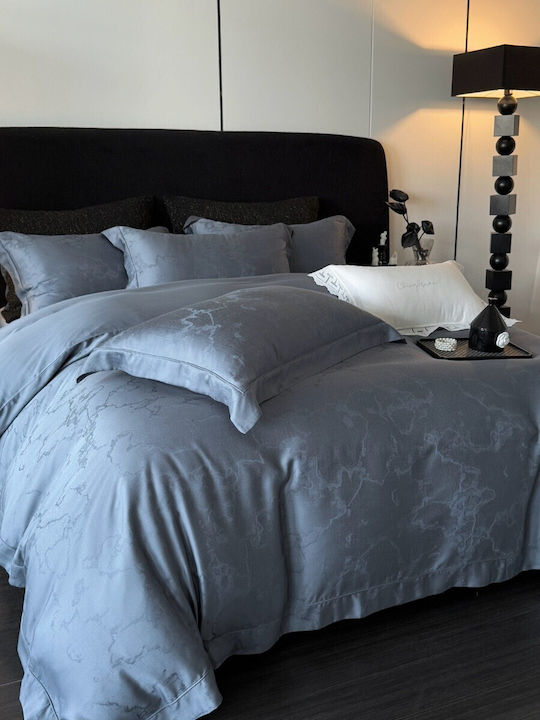 Σετ Παπλωματοθήκη Υπέρδιπλη 220x240cm 100% Lyocell Ζακάρ 2 Μαξιλαροθήκες & 1 Σεντόνι Μπλε