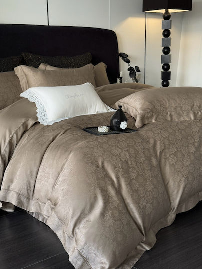 Σετ Παπλωματοθήκη Υπέρδιπλη 220x240cm 100% Lyocell Ζακάρ 2 Μαξιλαροθήκες & 1 Σεντόνι Καφέ